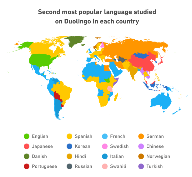 Second most popular language studied on Duolingo in each country